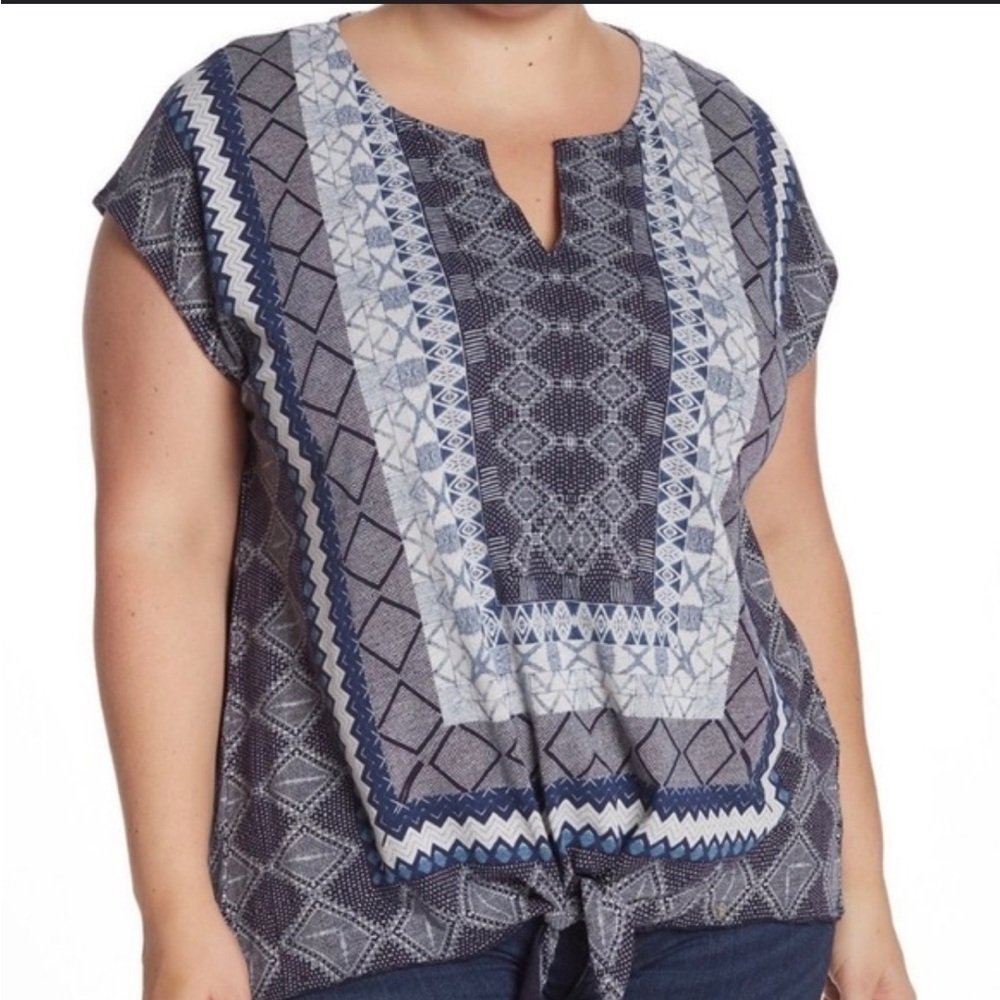 Lucky Brand Blue Boho Mixed Patchwork Tie Front Short Sleeve Blouse Size Medium